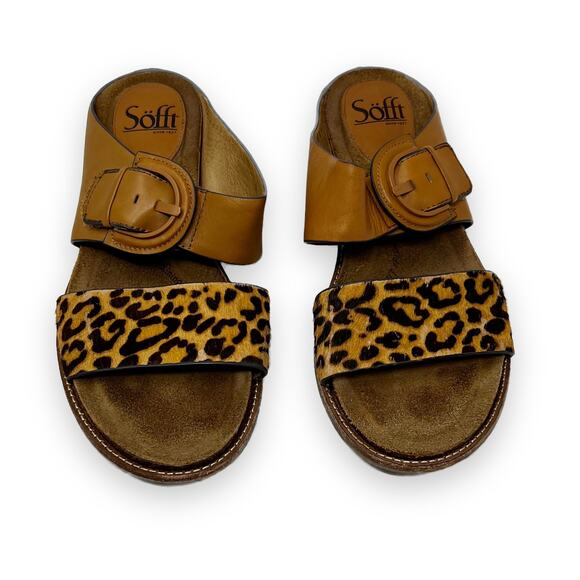 Sofft Braye Leopard Printed Horse Hair Slide Sandals 7.5 M Luggage Tan Leather - Picture 3 of 12